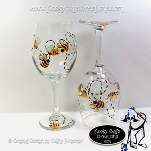 Bumble Bees - Hand Painted Wine Glass - Original Designs by Cathy Kraemer