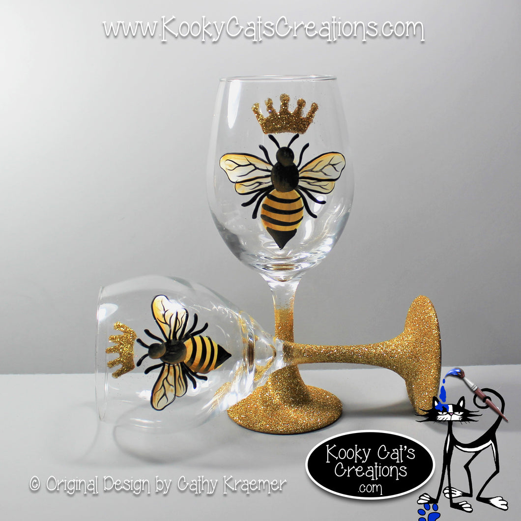 Queen Bee - Hand Painted Wine Glass - Original Designs by Cathy Kraemer