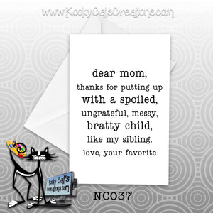 Dear Mom (NC037) - Blank Notecard -  Sassy Not Classy, Funny Greeting Card