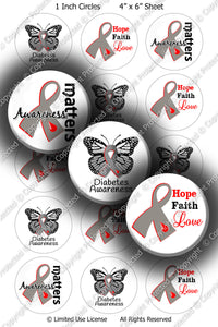 Digital Bottle Cap Images - Diabetes Matters Collage Sheet (R1098) 1 Inch Circles for Bottlecaps, Magnets, Jewelry, Hairbows, Buttons8