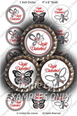 Digital Bottle Cap Images - Diabetes Butterfly Collage Sheet (R1099) 1 Inch Circles for Bottlecaps, Magnets, Jewelry, Hairbows, Buttons