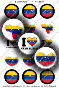 Digital Bottle Cap Images - Venezuela Flag Collage Sheet (R1100) 1 Inch Circles for Bottlecaps, Magnets, Jewelry, Hairbows, Buttons