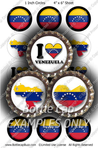 Digital Bottle Cap Images - Venezuela Flag Collage Sheet (R1100) 1 Inch Circles for Bottlecaps, Magnets, Jewelry, Hairbows, Buttons