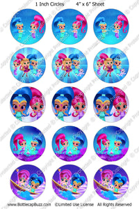 Digital Bottle Cap Images - Shimmer & Shine 1 Collage Sheet (R1110) 1 Inch Circles for Bottlecaps, Magnets, Jewelry, Hairbows, Buttons15