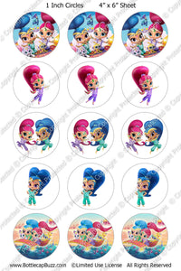 Digital Bottle Cap Images - Shimmer & Shine 2 Collage Sheet (R1111) 1 Inch Circles for Bottlecaps, Magnets, Jewelry, Hairbows, Buttons15