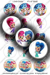 Digital Bottle Cap Images - Shimmer & Shine 2 Collage Sheet (R1111) 1 Inch Circles for Bottlecaps, Magnets, Jewelry, Hairbows, Buttons15