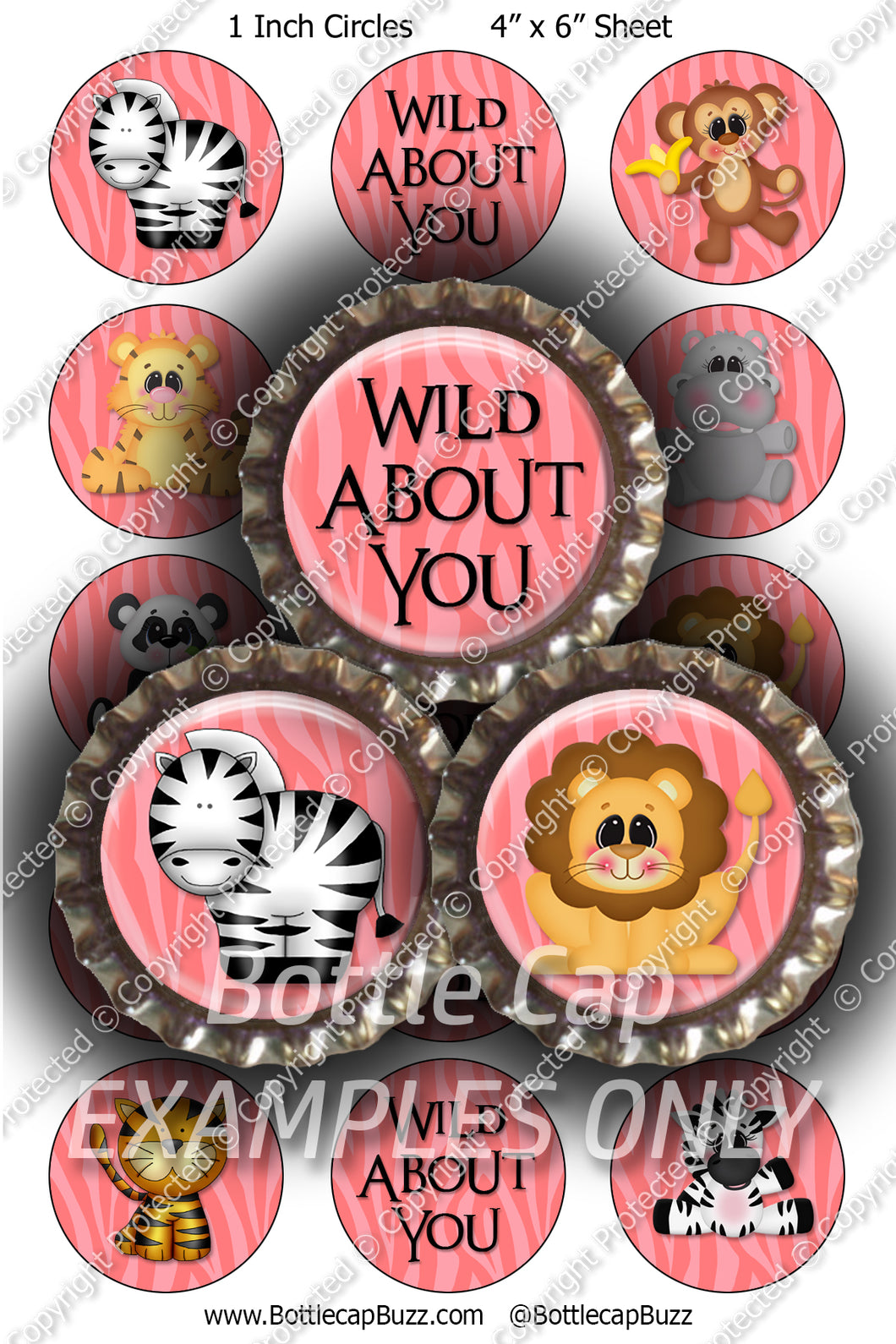 Digital Bottle Cap Images - Wild Animals Collage Sheet (R1113) 1 Inch Circles for Bottlecaps, Magnets, Jewelry, Hairbows, Buttons15