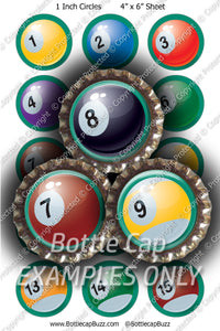 Digital Bottle Cap Images - Pool Balls Collage Sheet (R1120) 1 Inch Circles for Bottlecaps, Magnets, Jewelry, Hairbows, Buttons1