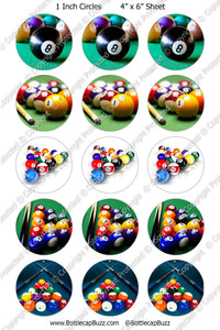 Digital Bottle Cap Images - Billiards Collage Sheet (R1121) 1 Inch Circles for Bottlecaps, Magnets, Jewelry, Hairbows, Buttons1