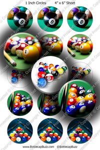 Digital Bottle Cap Images - Billiards Collage Sheet (R1121) 1 Inch Circles for Bottlecaps, Magnets, Jewelry, Hairbows, Buttons1