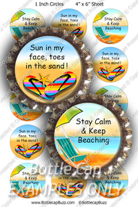 Digital Bottle Cap Images - Beach Bum Collage Sheet (R1122) 1 Inch Circles for Bottlecaps, Magnets, Jewelry, Hairbows, Buttons