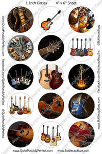 Digital Bottle Cap Images - Guitars Collage Sheet (R1123) 1 Inch Circles for Bottlecaps, Magnets, Jewelry, Hairbows, Buttons