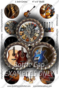 Digital Bottle Cap Images - Guitars Collage Sheet (R1123) 1 Inch Circles for Bottlecaps, Magnets, Jewelry, Hairbows, Buttons