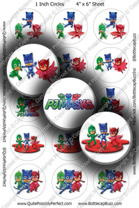 Digital Bottle Cap Images - PJ Masks Collage Sheet (R1124) 1 Inch Circles for Bottlecaps, Magnets, Jewelry, Hairbows, Buttons
