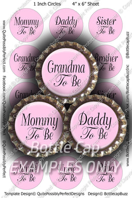 Digital Bottle Cap Images - Family To Be Pink Collage Sheet (R1130) 1 Inch Circles for Bottlecaps, Magnets, Jewelry, Hairbows, Buttons