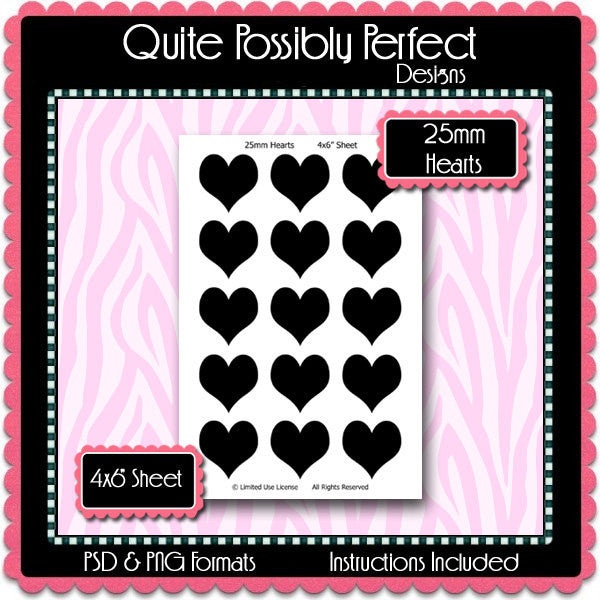 25mm Hearts Template Instant Download PSD and PNG Formats (Temp267) Digital Bottlecap Collage Sheet Template