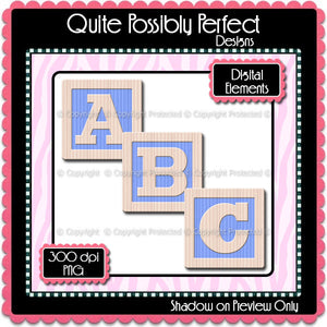Blue Baby Blocks Alphabet Instant Download (CA106) Upper Case Letters for Scrapbooking, Collage Sheets,Greeting Cards, Bottle Caps