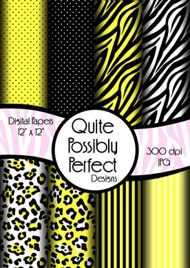 Yellow Girly Zebra Digital Paper Pack(DGP145) Zebra Leopard Dots for Scrapbooking, Collage Sheets,Greeting Cards, Bottle Cap