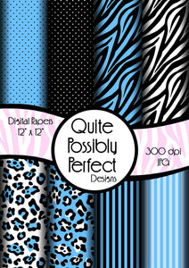 Blue Girly Zebra Digital Paper Pack(DGP143) Zebra Leopard Dots for Scrapbooking, Collage Sheets,Greeting Cards, Bottle Cap