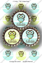 Editable Bottle Cap Images - Instant Download JPG & PDF Formats - Blue Green Owls (ET126) Digital Bottlecap Collage Sheet