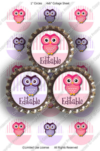 Editable Bottle Cap Images - Instant Download JPG & PDF Formats - Girly Owls (ET125) Digital Bottlecap Collage Sheet