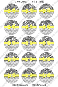 Editable Bottle Cap Images - Instant Download JPG and PDF Format - Yellow Ribbon Silver Glitter Wrap (ET166) Digital Bottlecap Collage Sheet