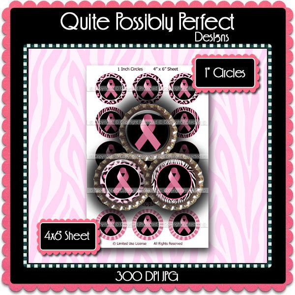 Digital Bottle Cap Images - Breast Cancer Awareness  (ETR114) 1 Inch Circles for Bottlecaps, Magnets, Jewelry, Hairbows, Buttons