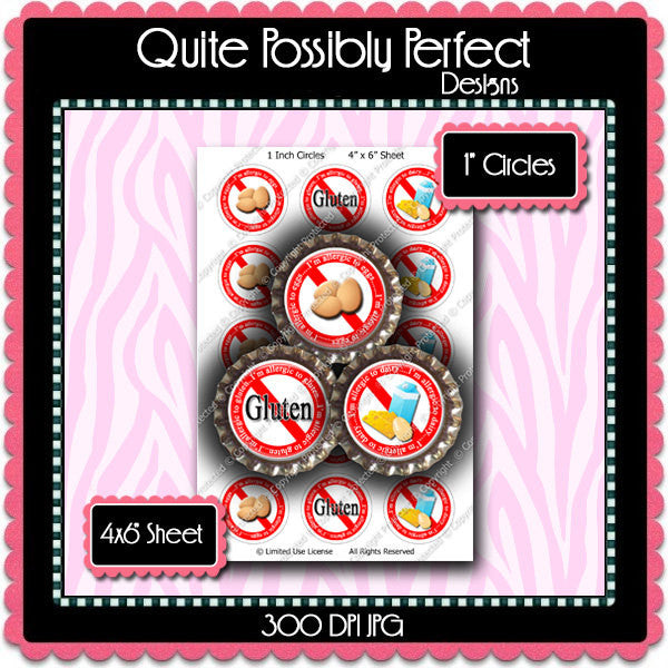 Digital Bottle Cap Images - Gluten Dairy Allergies (ETR119) 1 Inch Circles for Bottlecaps, Magnets, Jewelry, Hairbows, Buttons