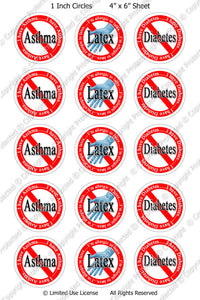 Digital Bottle Cap Images - Asthma Latex Diabetes Allergies (ETR120) 1 Inch Circles for Bottlecaps, Magnets, Jewelry, Hairbows, Buttons