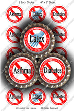 Digital Bottle Cap Images - Asthma Latex Diabetes Allergies (ETR120) 1 Inch Circles for Bottlecaps, Magnets, Jewelry, Hairbows, Buttons