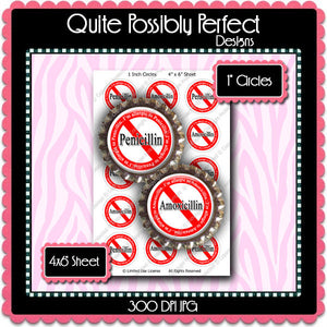 Digital Bottle Cap Images - Antibiotic Allergies (ETR121) 1 Inch Circles for Bottlecaps, Magnets, Jewelry, Hairbows, Buttons