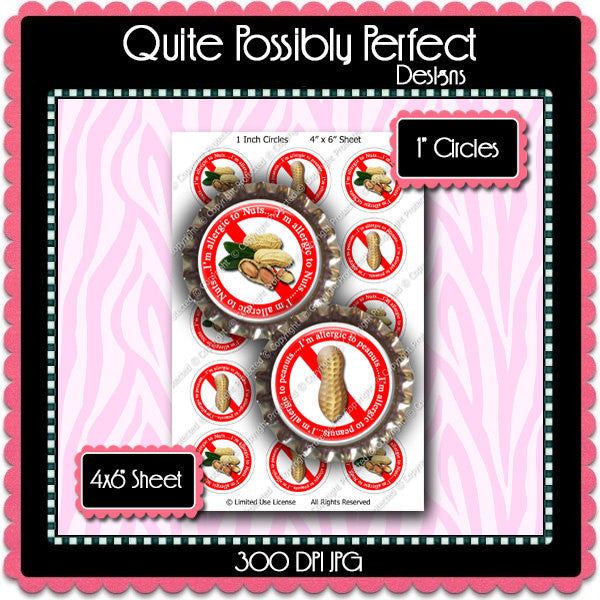 Digital Bottle Cap Images - Nut Peanut Allergies (ETR122) 1 Inch Circles for Bottlecaps, Magnets, Jewelry, Hairbows, Buttons