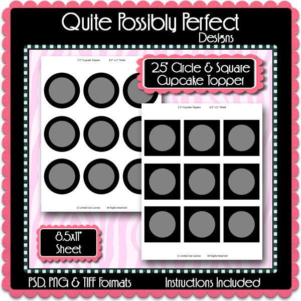 Cupcake Topper Template Instant Download PSD and PNG Formats (Temp598) 8.5x11 and A4 Sizes Digital Template