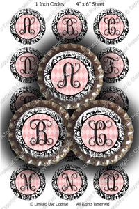 Digital Bottle Cap Images - Damask Vine Initials (ETR129) 1 Inch Circles for Bottlecaps, Magnets, Jewelry, Hairbows, Buttons