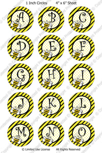 Digital Bottle Cap Images - Buzzy Bee Initials (ETR130) 1 Inch Circles for Bottlecaps, Magnets, Jewelry, Hairbows, Buttons