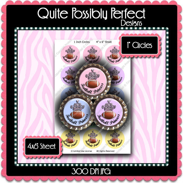 Digital Bottle Cap Images - Football Princess (S195) 1 Inch Circles for Bottlecaps, Magnets, Jewelry, Hairbows, Buttons