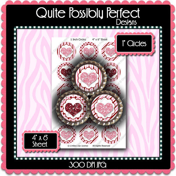 Digital Bottle Cap Images - Glitter Hearts Collage Sheet (H0212) 1 Inch Circles for Bottlecaps, Magnets, Jewelry, Hairbows, Buttons