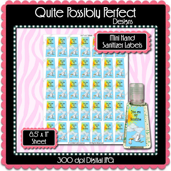 Digital Sunshine Stork Mini Hand Sanitizer Label  -  Instant Download (M142) Digital Party Graphics - PERSONAL USE Only