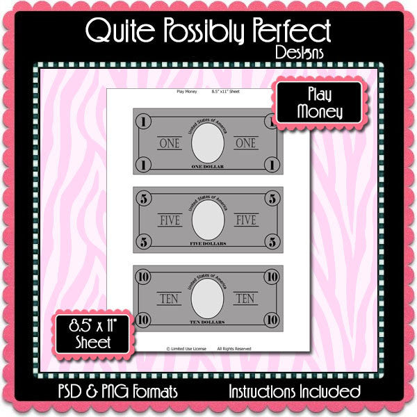 Play Money Template Instant Download PSD and PNG Formats (Temp636) Digital Bottlecap Collage Sheet Template