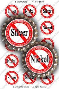 Digital Bottle Cap Images - Silver Nickel Allergies (ETR133) 1 Inch Circles for Bottlecaps, Magnets, Jewelry, Hairbows, Buttons
