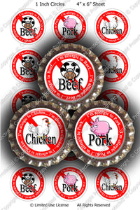 Digital Bottle Cap Images - Beef Pork Chicken Allergies (ETR135) 1 Inch Circles for Bottlecaps, Magnets, Jewelry, Hairbows, Buttons