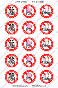 Digital Bottle Cap Images - Beef Pork Chicken Allergies (ETR135) 1 Inch Circles for Bottlecaps, Magnets, Jewelry, Hairbows, Buttons