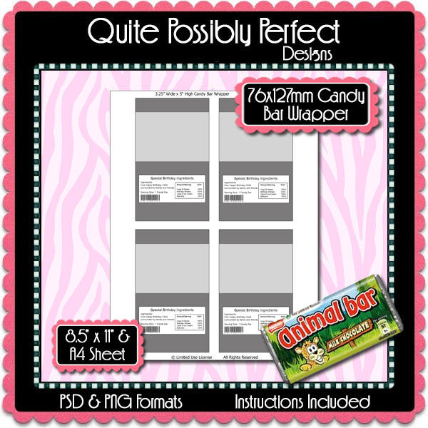 Candy Bar Wrapper Template Instant Download PSD and PNG Formats (Temp660) A4 Paper Included Digital Collage Sheet Template