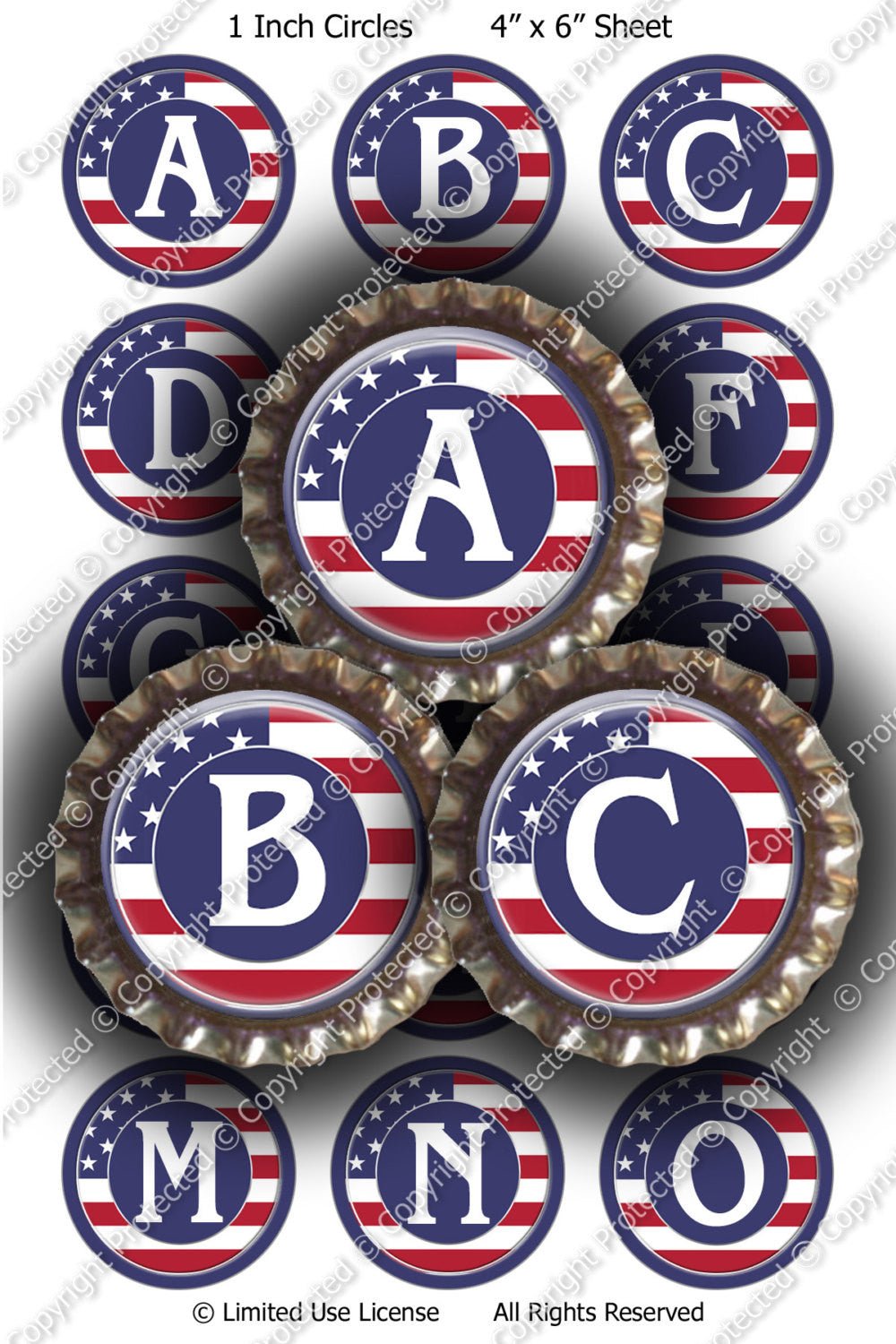 Digital Bottle Cap Images - American Flag Initials (ETR137) 1 Inch Circles for Bottlecaps, Magnets, Jewelry, Hairbows, Buttons